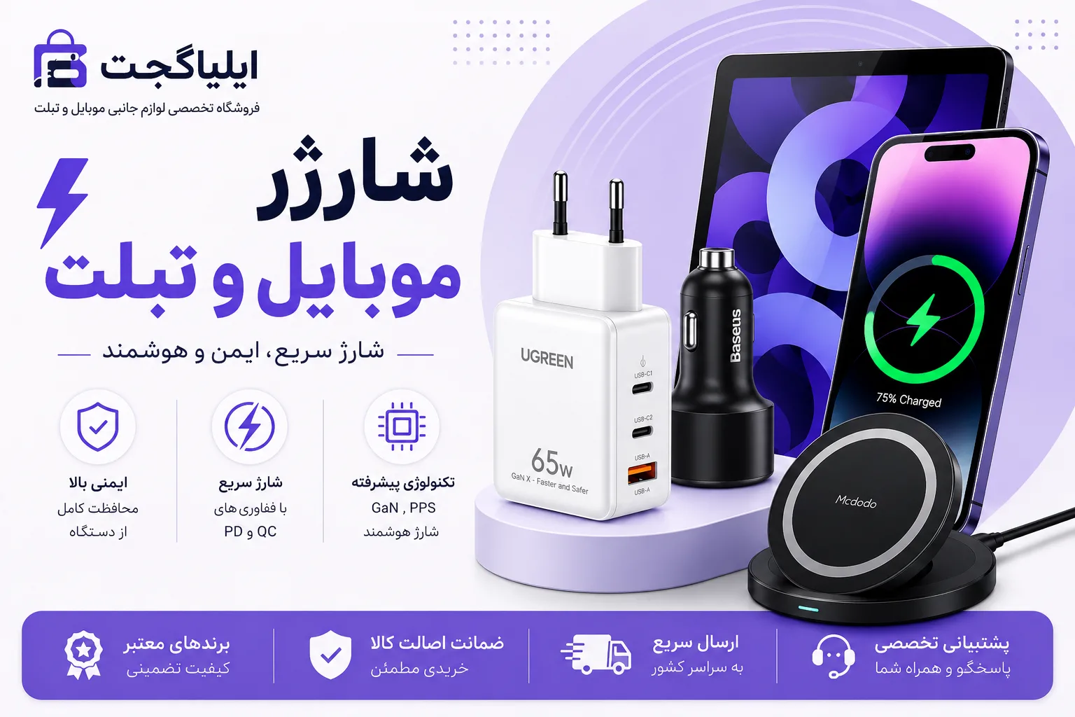 بنر دسته‌بندی شارژر موبایل و تبلت شامل شارژر دیواری، شارژر فندکی و شارژر بی‌سیم در فروشگاه ایلیاگجت