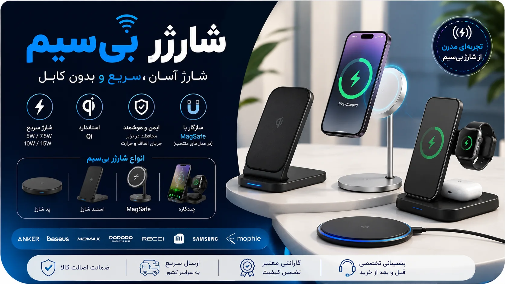 بنر دسته‌بندی شارژر بی‌سیم شامل شارژر وایرلس، شارژر MagSafe، پد شارژ و استند شارژ از برندهای معتبر در ایلیاگجت